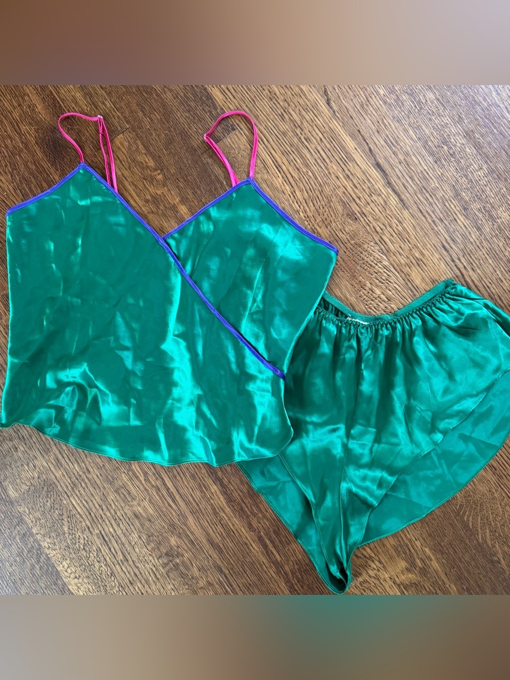 Victoria's Secret Gold Label Satin Pajama Set Green Cami & Tap Shorts Size M
